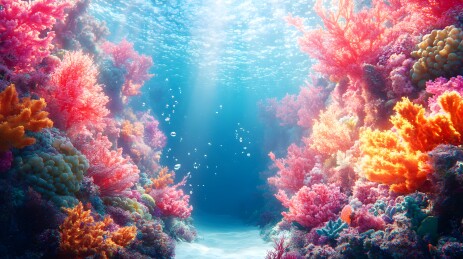 深海底部珊瑚礁蓝色海洋场景