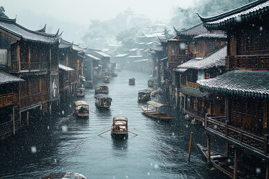 古镇水街下雪景色