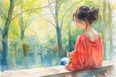 公园里一个女孩和小猫