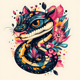 用花朵和植物装饰的蛇年卡通插画