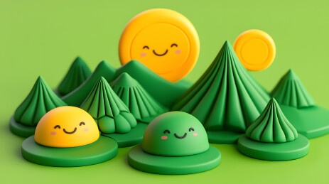 绿色背景上嬉戏彩色山丘和微笑太阳