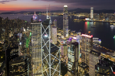 中国香港中环维多利亚港航拍城市风光夜景