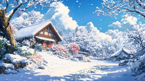 冬季雪天暴风雪过后的晴朗天空户外场景插画
