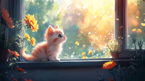 一只小猫咪站在窗台上仰望