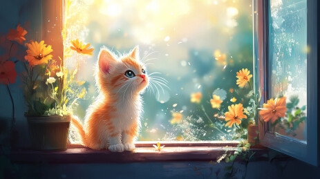 一只小猫咪站在窗台上仰望