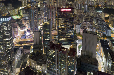 中国香港观塘商贸区apm航拍城市风光夜景