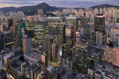 中国香港观塘商贸区CBD航拍城市风光夜景