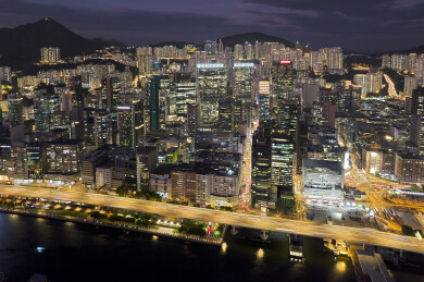 中国香港观塘商贸区CBD航拍城市风光夜景