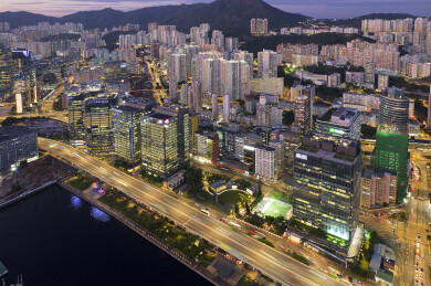 中国香港观塘商贸区CBD航拍城市风光夜景