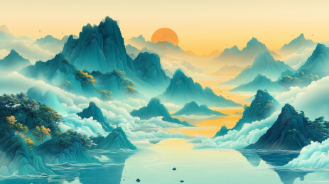 新国风古风国潮青绿山水画水墨传统背景壁纸