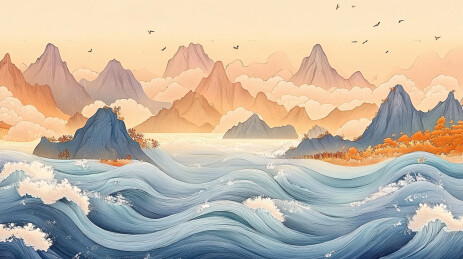 新国风古风国潮青绿山水画水墨传统背景壁纸