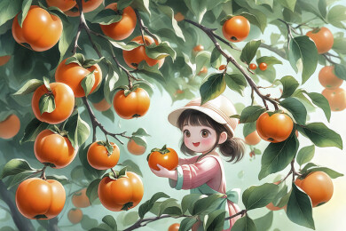 霜降柿子树戴帽子女孩摘柿子水彩插画