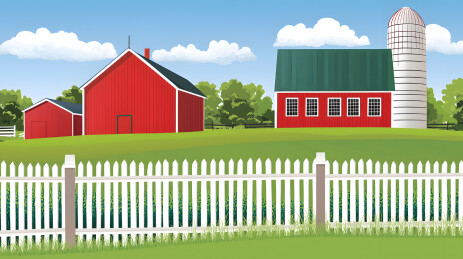 阳光明媚风景中充满活力红色谷仓和农舍