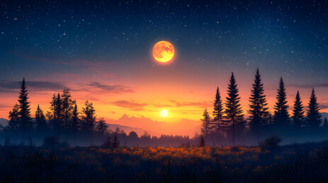 双月星夜森林橙色梦幻