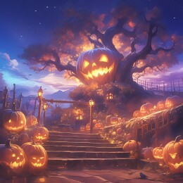 万圣节晚上的南瓜头小镇