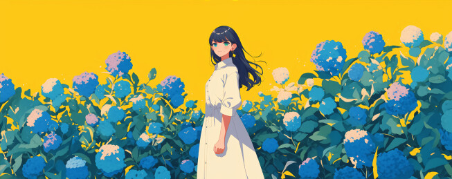 扁平绘画元气女孩和绣球花主题插画
