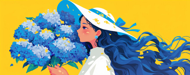 扁平绘画元气女孩和绣球花主题插画