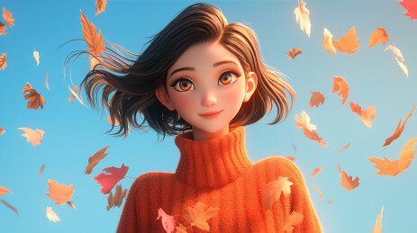 秋天卡通3D元气女孩系列插画