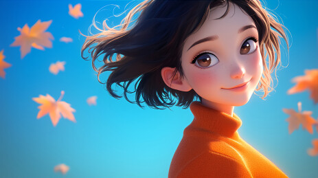 秋天卡通3D元气女孩系列插画
