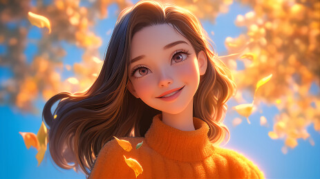 秋天卡通3D元气女孩系列插画