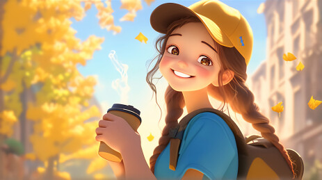 秋天卡通3D元气女孩系列插画