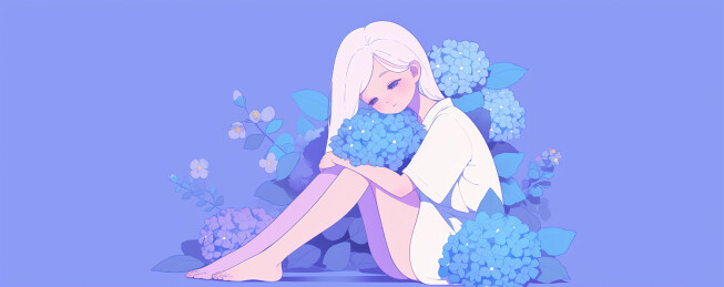 扁平绘画元气女孩和绣球花主题插画
