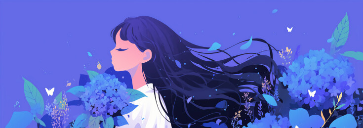 扁平绘画元气女孩和绣球花主题插画