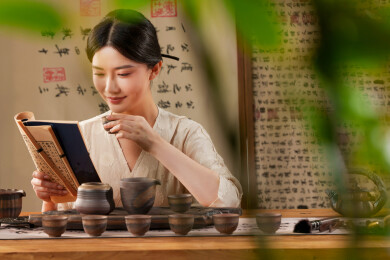 一位中国古典式女人看书喝茶