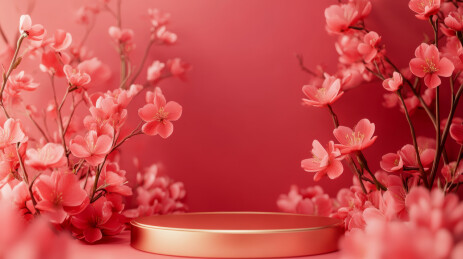 红色花卉产品展台背景