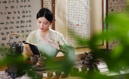 茶室里一位中国古典式女人看书