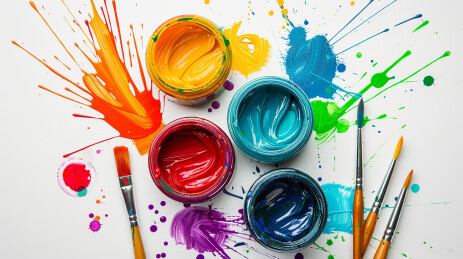 喷溅的水粉颜料与画笔