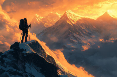 登山者在山顶欣赏日出美景