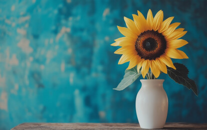 向日葵插在白色花瓶放在蓝色木质桌子上