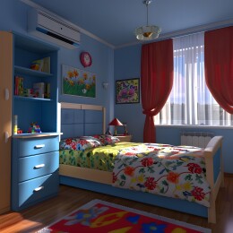 蓝色和红色装饰的卧室