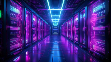 未来感十足的服务器机房闪烁着炫目的霓虹灯