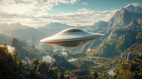 清新科幻外星地表上空的飞碟3D立体插画 