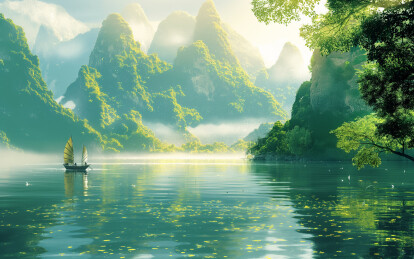 翠绿的山峦中一条江水