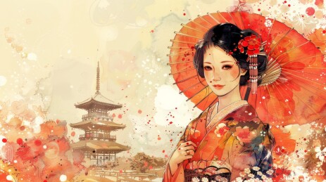 身穿和服撑着红色油纸伞的美丽日本女性