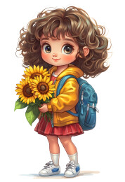 小学生手里拿着向日葵花