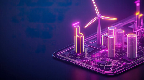 霓虹色发光科技感电路板上的风力发电厂