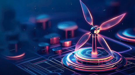 霓虹色发光科技感电路板上的风力发电厂