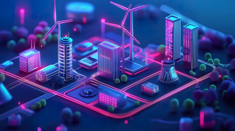 霓虹色发光科技感电路板上的风力发电厂