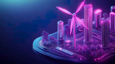 霓虹色发光科技感电路板上的风力发电厂