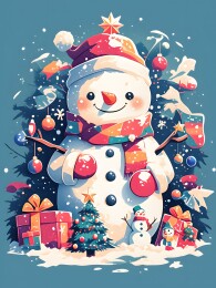 卡通圣诞风格白色雪人松树装饰插画