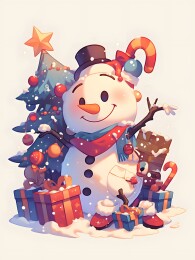 卡通圣诞风格白色雪人松树装饰插画