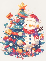 卡通圣诞风格白色雪人松树装饰插画
