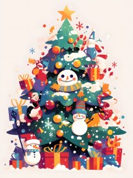 卡通圣诞风格白色雪人松树装饰插画