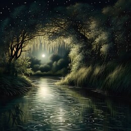 黑色夜晚河边月亮升起的梦幻场景