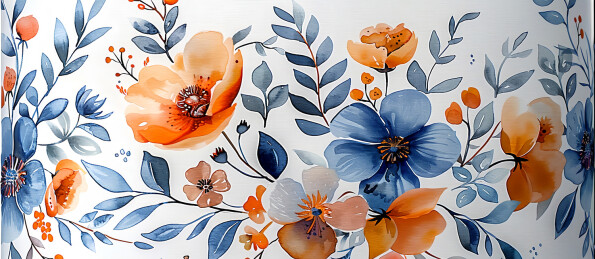 一幅装饰性的以花朵和叶子为设计的花卉图案