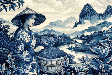 复古青花蓝调女孩乡村茶园手绘版画